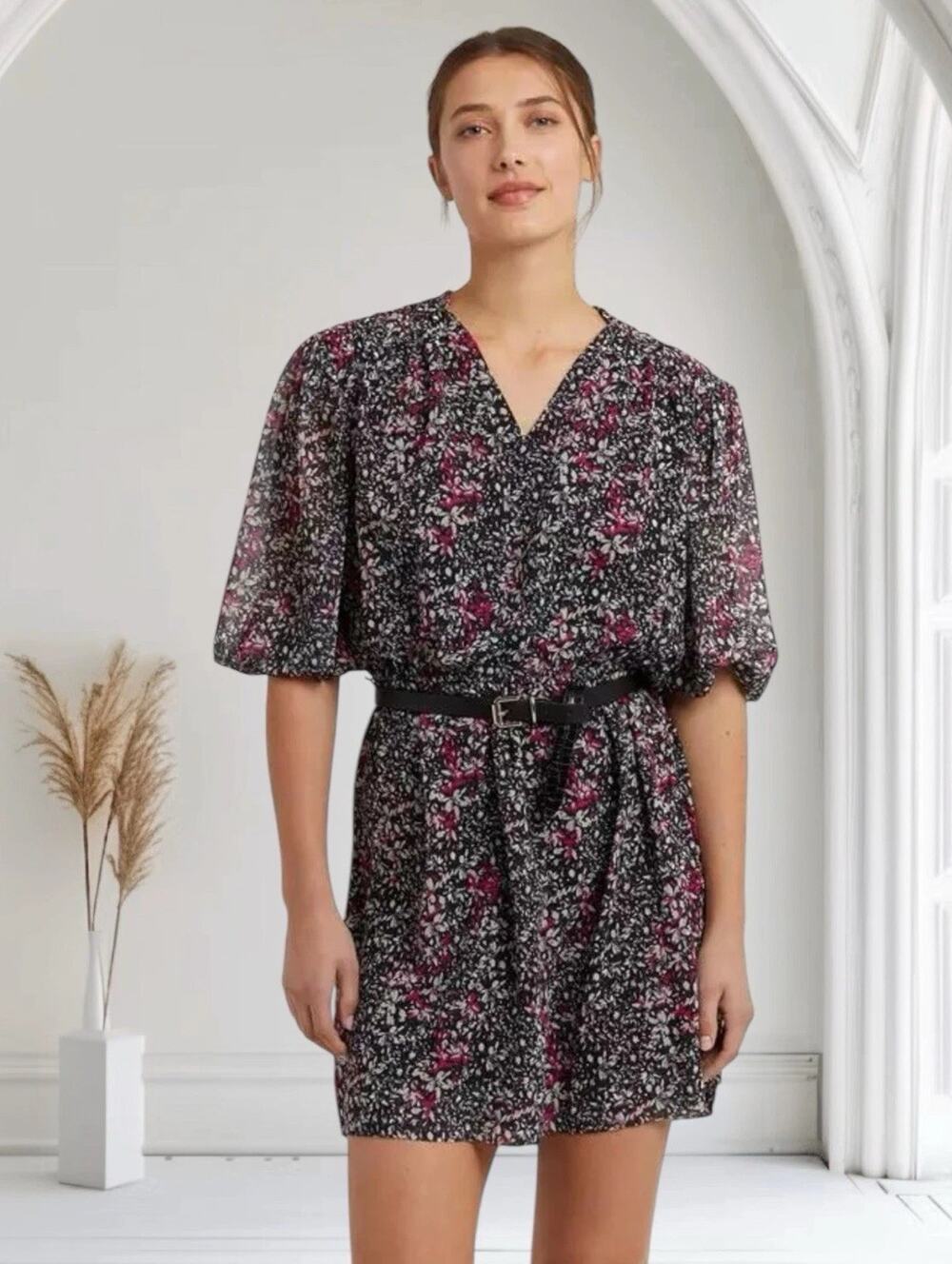 Rebecca Minkoff Isabella Ditsy 1/2 Sleeve Black Pink Floral Mini Dress M 6 8